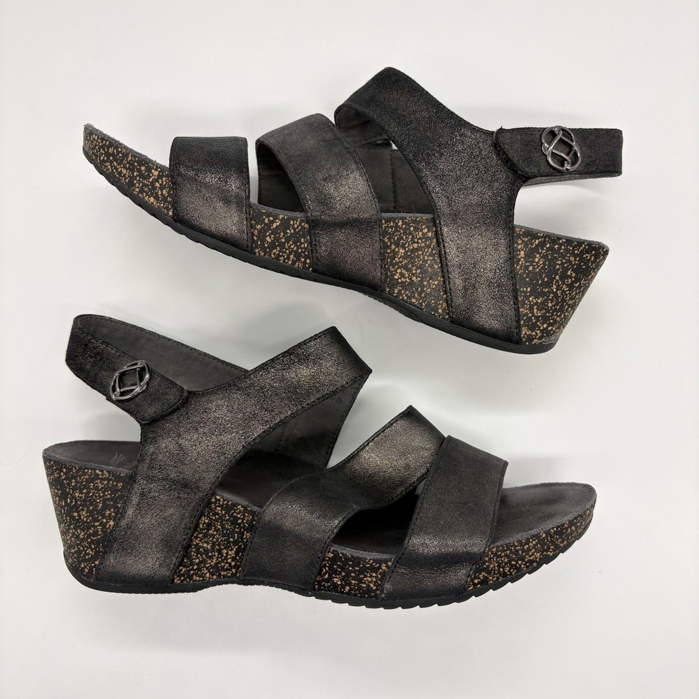 Dansko Stacey Wedge Sandal Size 10 Euro 40 Black Metallic Suede Cork Ankle Strap